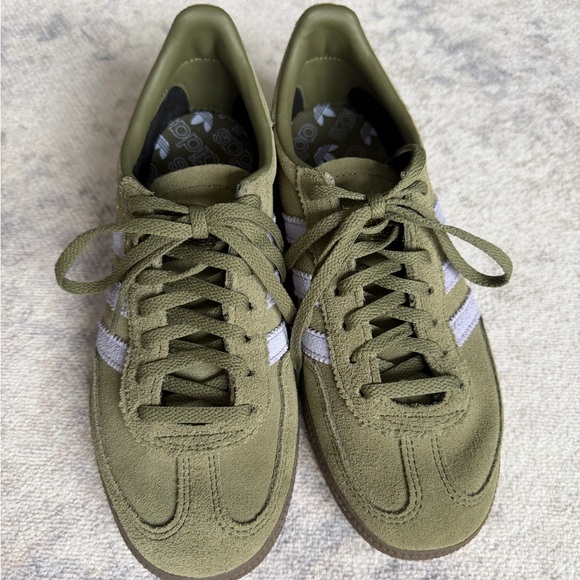 NEW Adidas Olive Green Sneakers with Violet Accents - Picture 3 of 12